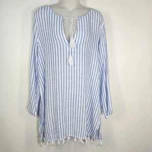 Blusa túnica de lino Rachel Zoe grande a rayas azul blanco borlas costera - Imagen 1 de 11