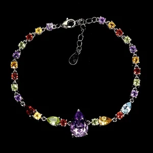 925 Sterling Silver Bracelet Pear Amethyst 12x8mm Peridot Topaz Gemstone 7inches - Picture 1 of 13