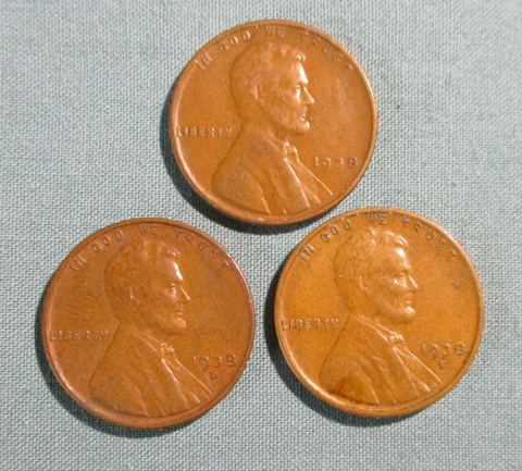 1938 P, 1938-D,  1938-S Lincoln Penny - CIRCULATED (3) U.S. 1 Cent coins PDS Cover