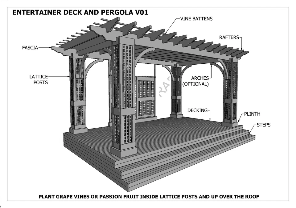 OUTDOOR ENTERTAINER DECK & GRAPE VINE PERGOLA / PATIO - V01  (Building Plans) - Image 1 of 4