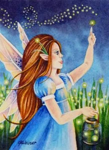 ACEO Limited Edition Print Pixie No. 2 Lightning Bugs Night Fairy in Blue Dress - Picture 1 of 1