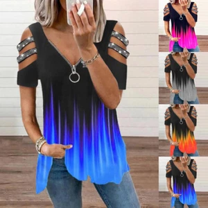 Womens Cold Shoulder Tunic Tops Language Sexy Zip V Neck Tie Dye T Shirt Blouse - Picture 1 of 19
