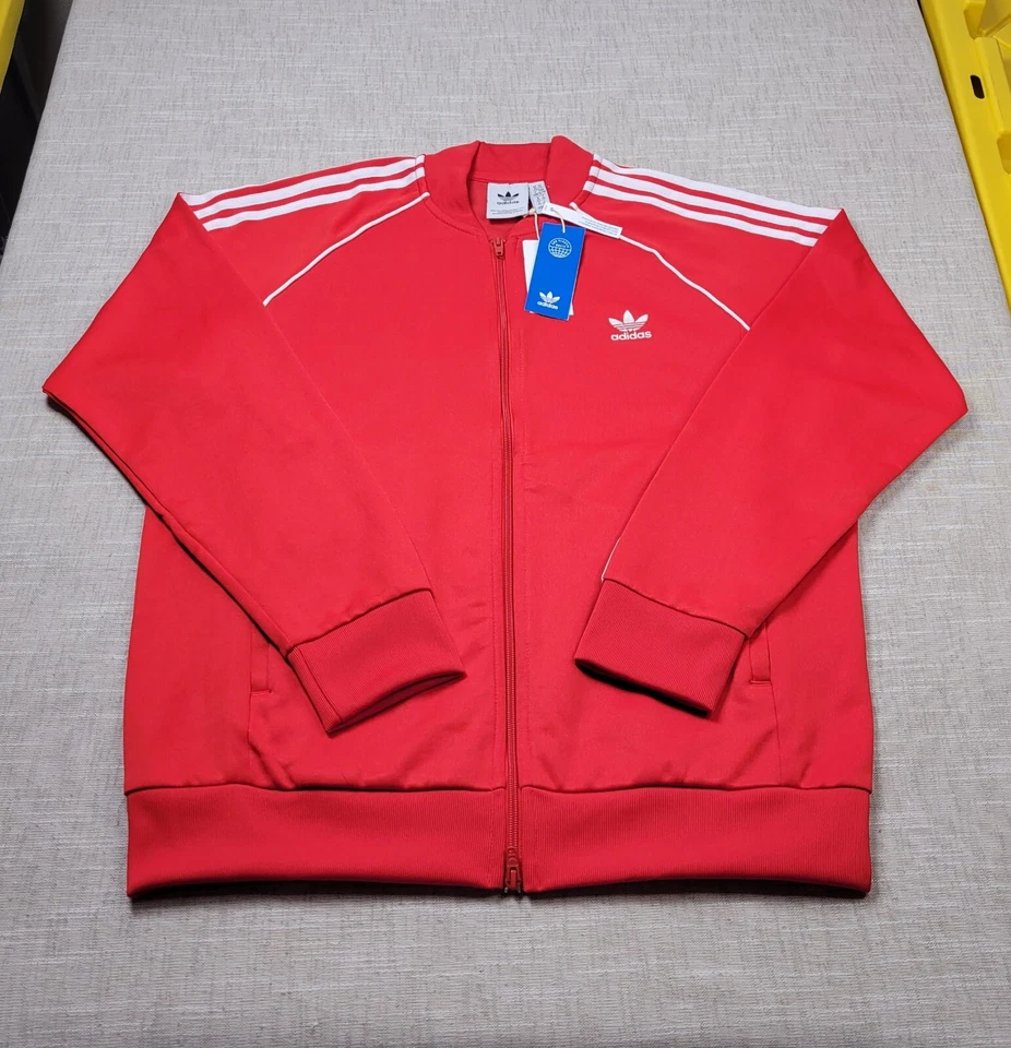 Mens Adidas Full Zip Track Jacket Top M Red Logo White Striped