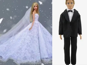 "BARBIE KEN 11.5-12" MUÑECA TRAJE DE BODA Encaje VESTIDO Tiara VELO Negro Moño ESMOQUIN - Imagen 1 de 6