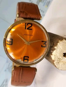 JUVENIA WINDING ORANGE DIAL & GOLD CASE 609558 MEN'S FULL WORKING VINTAGE WATCH - Picture 1 of 24