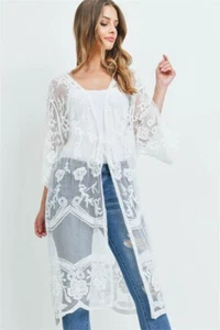 White Floral Long Kimono Cardigan One Size Fits Most Boho Cover Up - Picture 1 of 2