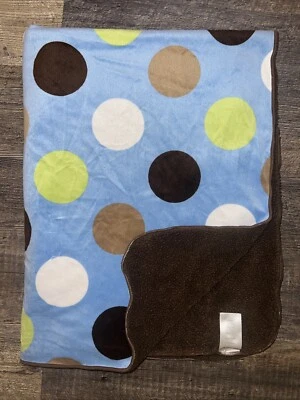 Baby Blanket Carters Infant Boy Polka Dots Minky Sherpa Brown Blue EUC - Imagem 1 de 4
