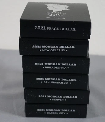 Juego de 6 monedas de dólar de plata Morgan & Peace 2021 con certificado de autenticidad OGP como nuevo de Estados Unidos O, P, S, CC, D Foto 1 de 4
