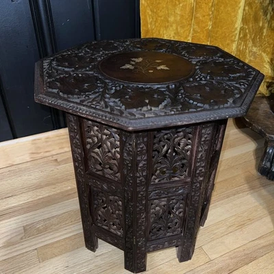 Hand Carved Indian Inlaid Wood Table Brass Copper Octagon Boho Accent Decor - Image 1 of 4