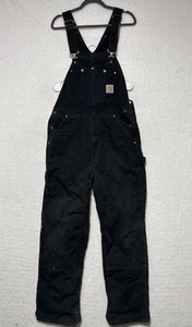 Carhartt R02 BLK Black Duck Canvas Workwear Red Quilt Lined Bib Overalls 36 X 34 - Picture 1 of 8