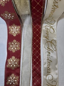 Christmas Wired Ribbon Merry Christmas Gold Maroon Snowflakes 20 Yards Total - Picture 1 of 7