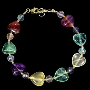 925 Sterling Silver Bracelet Heart Fluorite 12mm Natural Gemstone Jewelry 7in - Picture 1 of 14