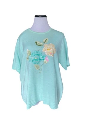 Womens Pastel Floral Applique Cottagecore Knit Sweater Size XL Green Grannycore - Image 1 of 4