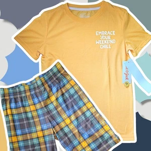 Cat & Jack Boy's 2pc Set Golden Yellow Tee-Matching Plaid Shorts Size: M(8/10) - Picture 1 of 6