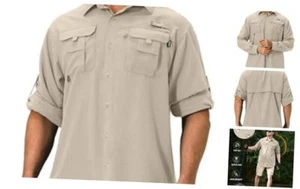 Men's Sun Protection Fishing Shirts Lightweight Long Sleeve UPF 50+ Large Khaki - Picture 1 of 7