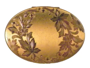 Pulver Kompakt Goldton Metall Blätter Rollen Oval Vintage - Bild 1 von 5