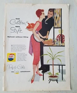 1958 1950s Pepsi Cola soda pelirroja mujer hombre cocinar pavo anuncio - Imagen 1 de 1