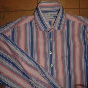 Harvie and Hudson Men's pink blue stripe French cuff dress shirt 17.5 L - Picture 1 of 6