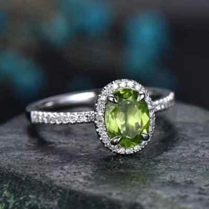 2CT Oval Lab Created Green Peridot Women's Wedding Ring 14K White Gold Plated - Picture 1 of 6