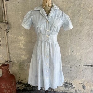 Vintage 1930s Baby Blue & White Striped Linen Dress Nautical Buttons Midi 1940s - Picture 1 of 20