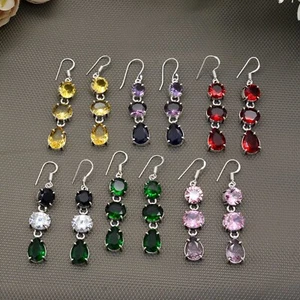 3 Stone Dangle Drop Earrings 925 Sterling Silver Women Earrings Gift for Mom - Picture 1 of 16