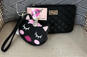 NWT Luv Betsey Johnson Black Unicorn Cat Coin Purse Quilted Wristlet Bag Set - Picture 1 of 2