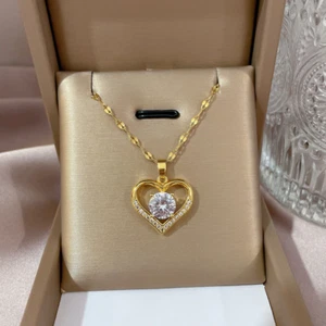 Women's Fashion Jewelry Gold Heart Cubic Zircon Pendant Necklace 421 - Picture 1 of 4