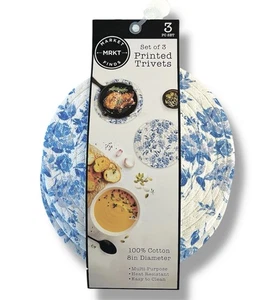 Französisches Land Blau Toile Gewebte Runde Untersetzer 8" Baumwolle Bauernhaus 3er Set - Bild 1 von 2