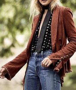 Free People Throwback Corduroy Bell Sleeve Military  Jacket Large Burnt Orange  - Picture 1 of 6