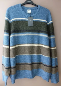 MENS M&S STRIPED CREW NECK JUMPER LONG SLEEVE BLUE MIX SIZE 3XL LONG - NEW - Picture 1 of 4