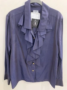 Authentic CHANEL Beautiful Navy Silk Cotton Ruffle Blouse Made In France - Picture 1 of 9