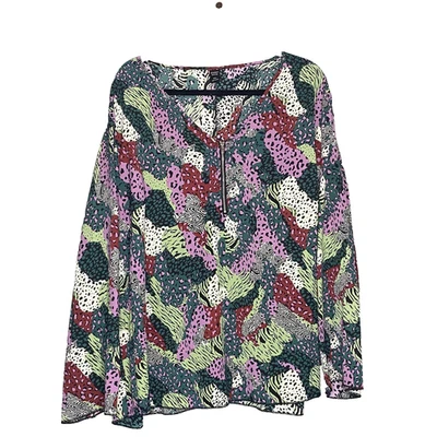 Emery Rose Womens 5X Top Shirt Green Animal Print Zip V Neck Long Sleeve Casual - Image 1 of 4
