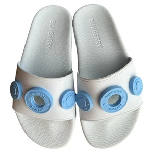 BURBERRY Pale Blue Furley Logo-Embellished Slide Sandals, IT35/US5 SRP: $420 - Picture 1 of 15