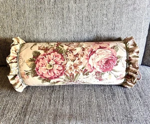 Vintage Ralph Lauren Guinevere Tan Floral Bolster Pillow 18” X 7” Ruffle Roses - Picture 1 of 7