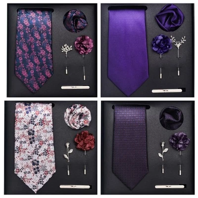 5pc Set Purple Necktie，Hanky，brooch，Corsage，Cufflinks Wedding Gentleman with Box - image 1 of 3