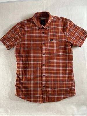 Camisa RVCA Para Hombre Manga Corta Con Botones Roja Cuadros Med Calce Vintage Foto 1 de 4