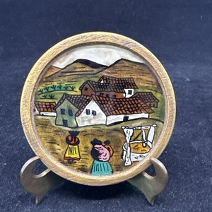 Peruvian Villagers Reverse Hand Painted Glass with Wood Frame Small Wall Art - Picture 1 of 8