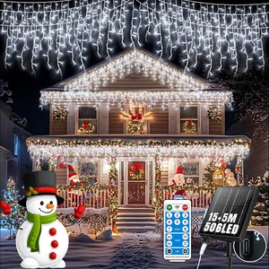 Eisregen Lichterkette Solar 12m + 5m LED Weihnachtsbeleuchtung Außen Wei0 Deko - Bild 1 von 7