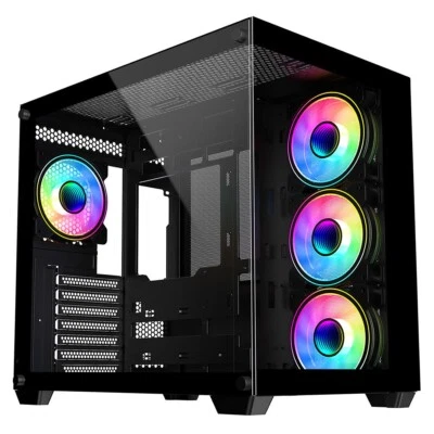 CiT Vision Black Mid ATX Gaming Cube PC Case Tempered Glass Panels 4x LED Fans - Image 1 of 4