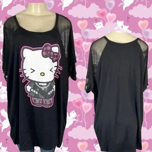 Hello Kitty Plus 3 Black Kitty Graphic Crew Neck Mesh Sheer Short Sleeve Top - Picture 1 of 6