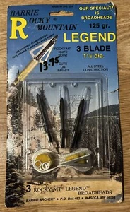 3- Barrie Rocky Mountain LEGEND Broadheads 3 Blade 125gr 1-1/8” dia. NOS USA - Picture 1 of 5