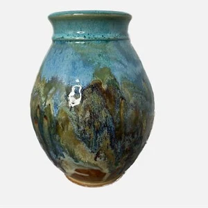 Vintage Studio Kunst Keramik Vase Pflanzgefäß Tropfglasur handgefertigt signiert blau grün 8,5x6 - Bild 1 von 6
