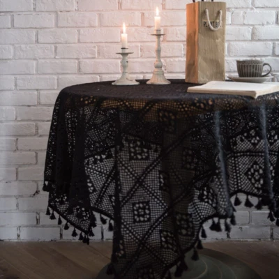 Retro Crochet Lace Tablecloth Tassel Rectangular Hollow Doily Table Cover Home - Image 1 of 4