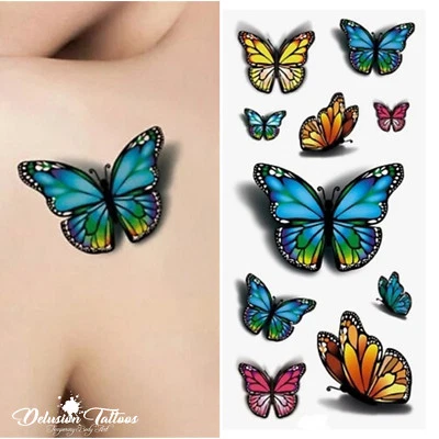DELUSION TATTOOS 3D Butterfly Temporary Tattoos - Set of 10 - Body Art Waterproof Womens Kids
