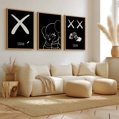 Conjunto de 3 pósters Hypebeast Kaws blanco sobre negro arte de pared impresiones A4 A3 A2 Foto 1 de 4