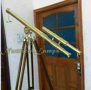 39" Vintage Solid Brass Double Barrel Griffith Astor Telescope With Tripod Stand