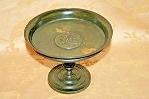 Antique Solid Bronze 8x6" Pedestal Compote Plate w/ Embossed Angel Center Image - Picture 1 of 11