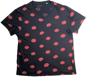 Guess Embroidered Guess Logo / Rose Print - Black Womens TShirt VNeck MED - Picture 1 of 3