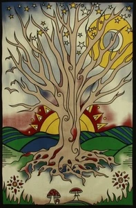 DAWNING TREE OF LIFE TAPESTRY-MUSHROOMS-MOON-STARS-60X90 COTTON, HAS LOOPS - Picture 1 of 2