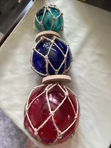 3Handblown Glass Fishing Floats On Rope,Multi Color Fish Net Buoy Ball, 5”/4”/3” - Picture 1 of 6
